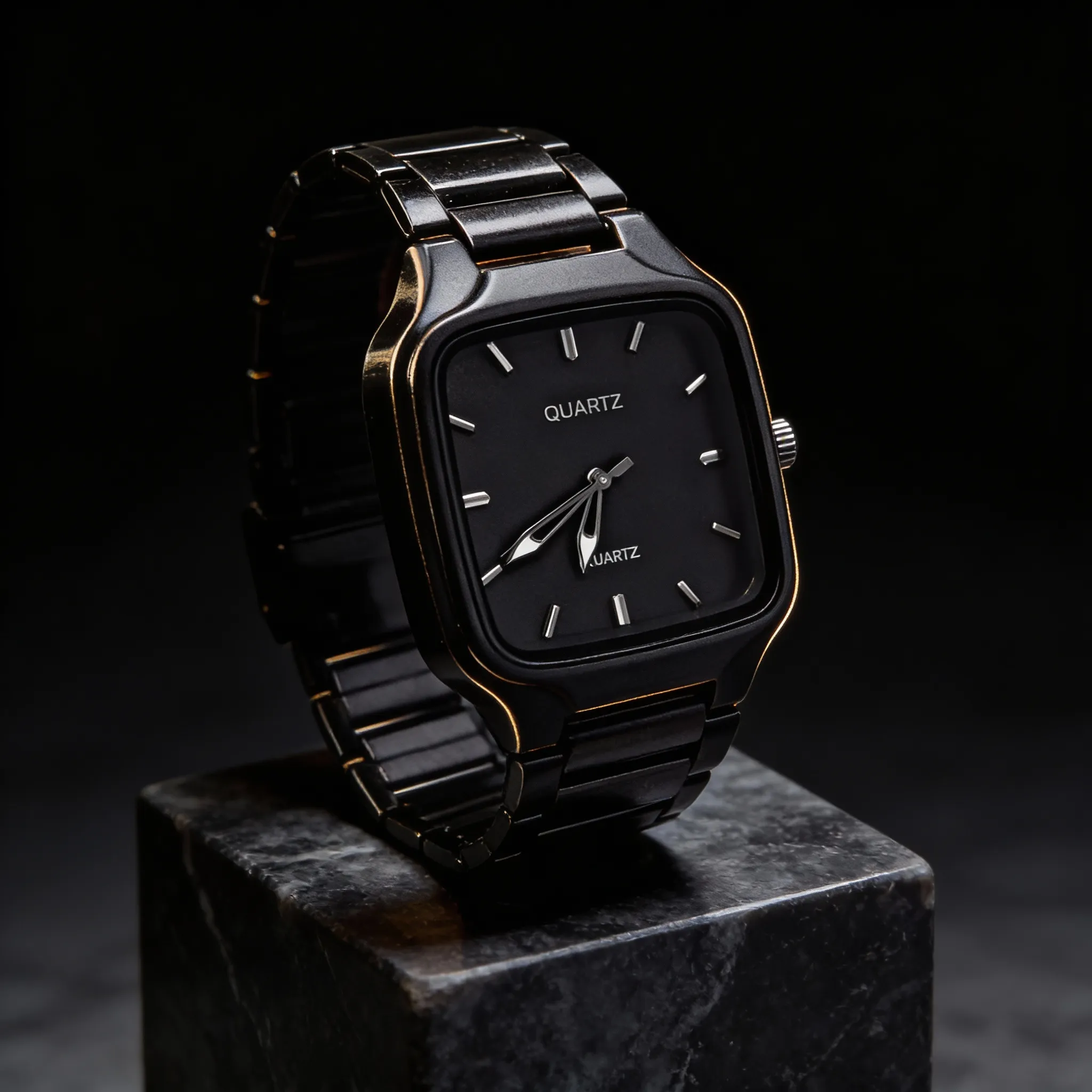 Black wristwatch on pedestal