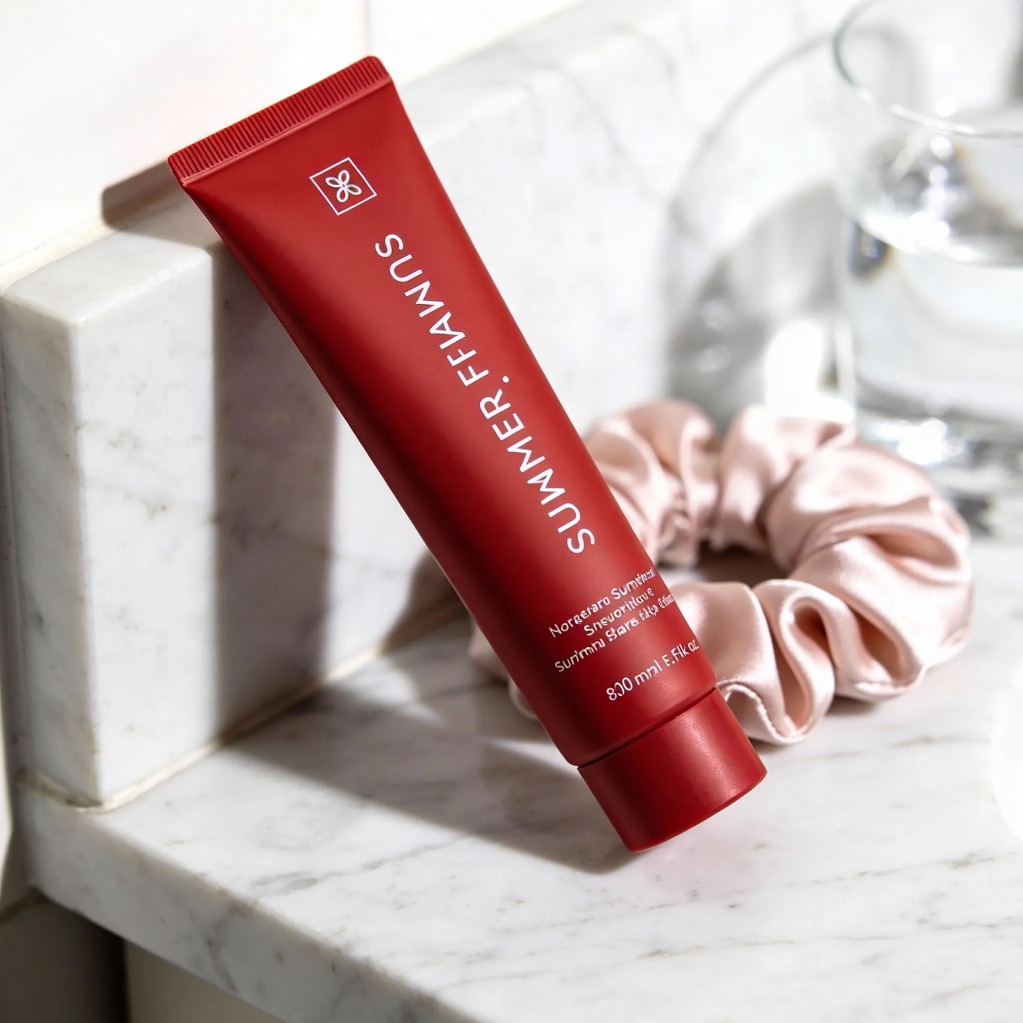 Beauty cream tube on marble vanity surface