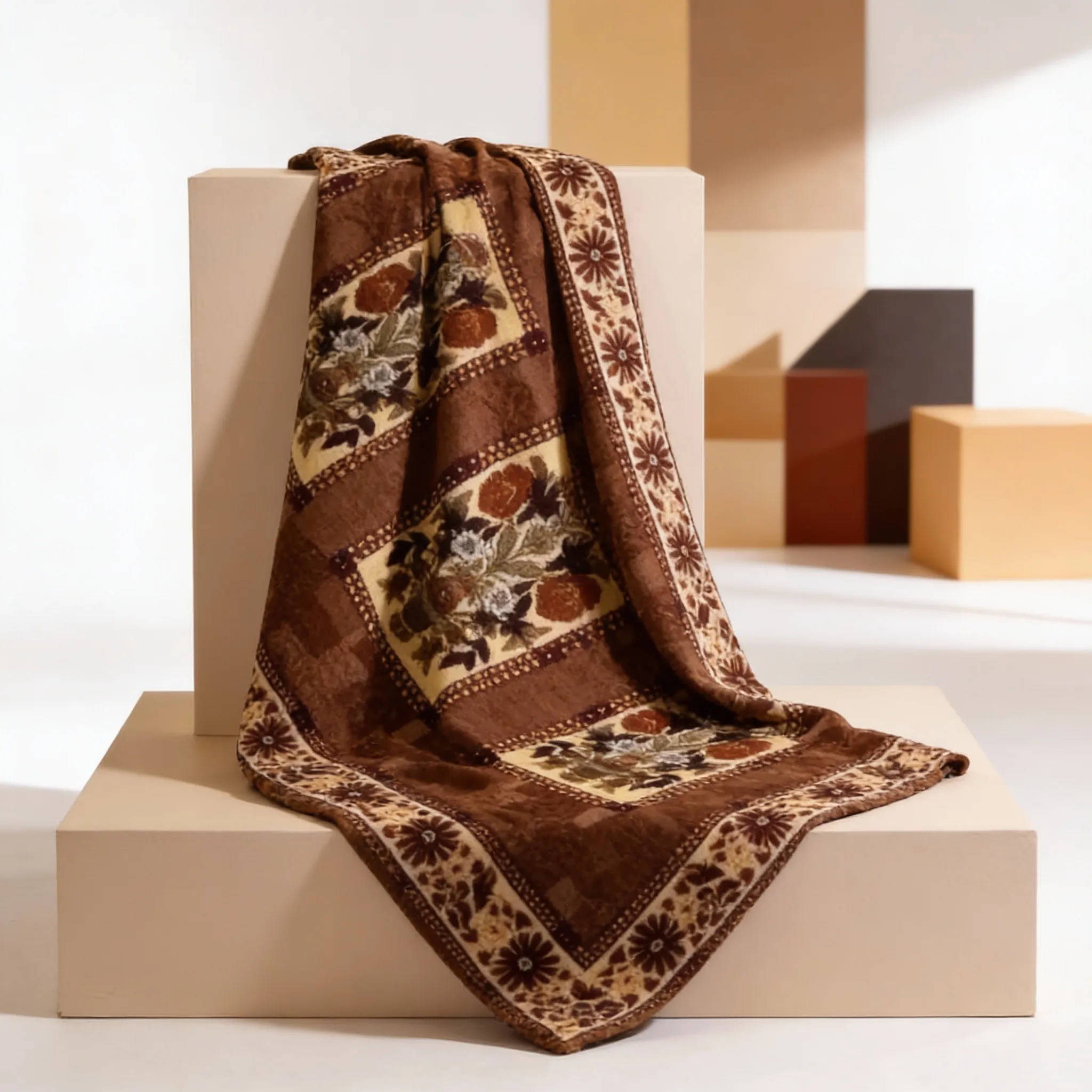 Floral throw blanket draped on pedestal